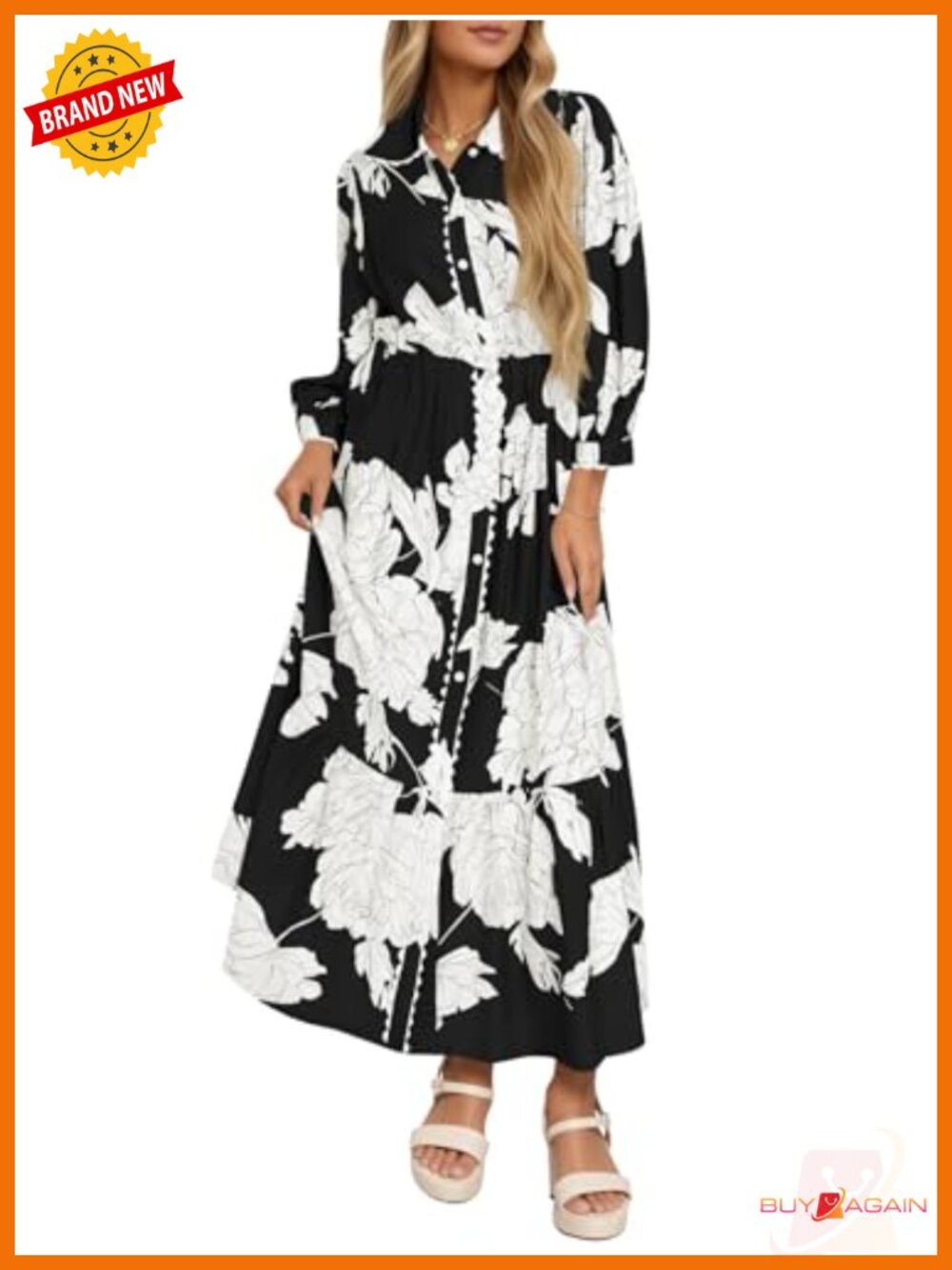 Floral Maxi Shirt Dress Long Sleeve Button Down Boho V Neck